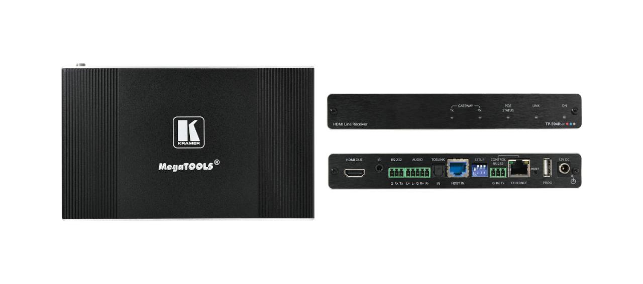KRAMER 4K HDR HDMI Rx with Ethernet, RS–232, Stereo Audio Routing, PoE Ext. Reach HDBaseT 2.0