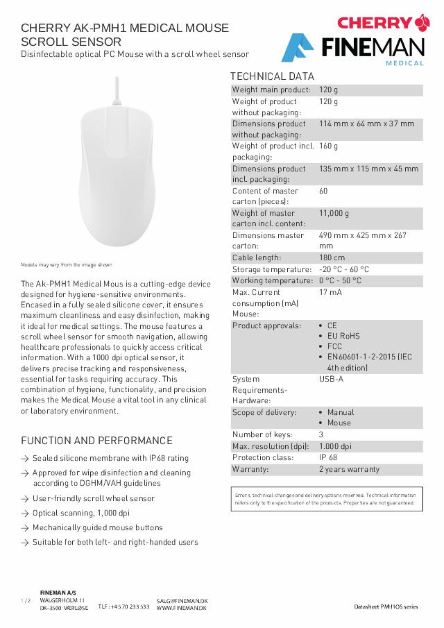 ACTIVE KEY KLINISK mus m.  scrollesensor, 2 knapper hvid, IP68 forseglet