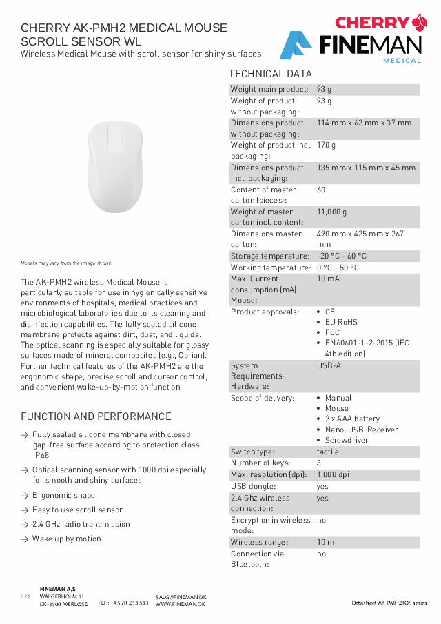ACTIVE KEY KLINISK TRÅDLØS mus m. scrollsensor, 2 knapper, hvid, IP68 forseglet 