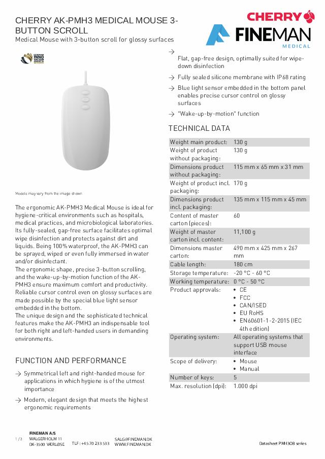 ACTIVE KEY KLINISK USB mus, 3 knapper, scrollsensor, hvid, IP68 forseglet