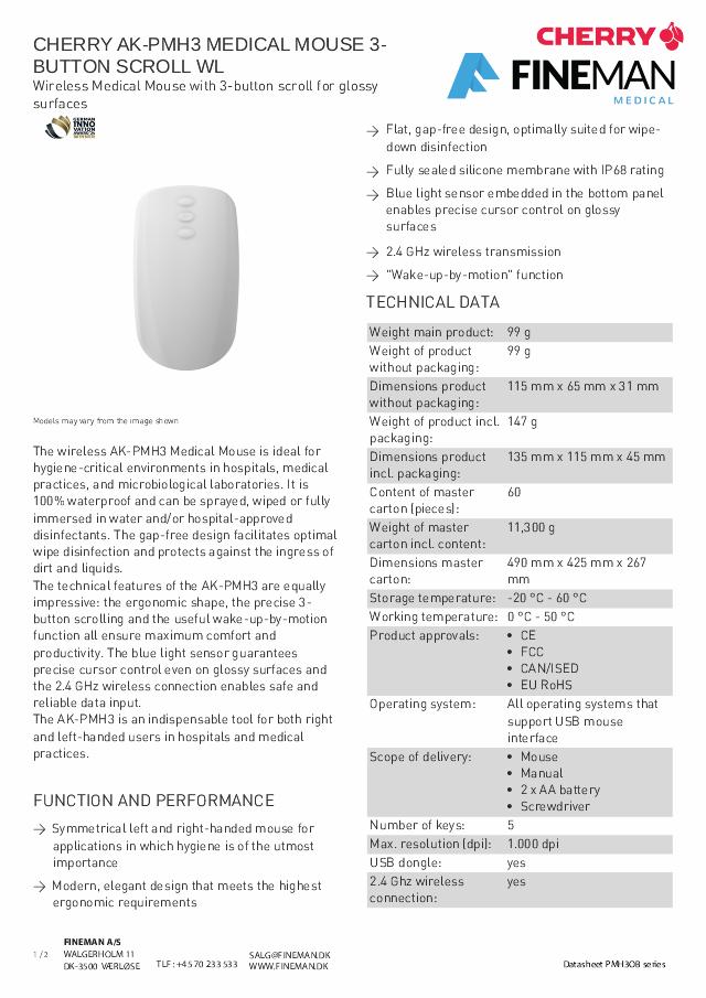ACTIVE KEY KLINISK TRÅDLØS mus, 3 knapper, scrollsensor, hvid, IP68 forseglet