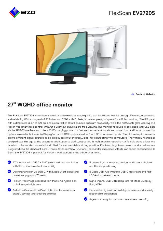 27in EIZO FlexScan EV2720S 2560x1440 USB-C TCO 10 Black