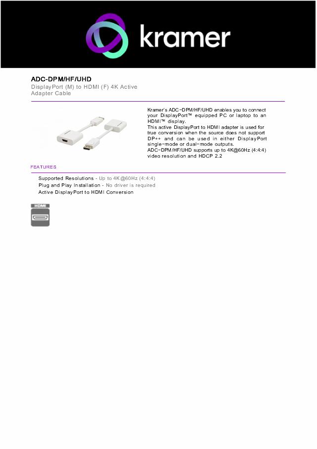 KRAMER DisplayPort (M) to HDMI (F) 4K Active Adapt
