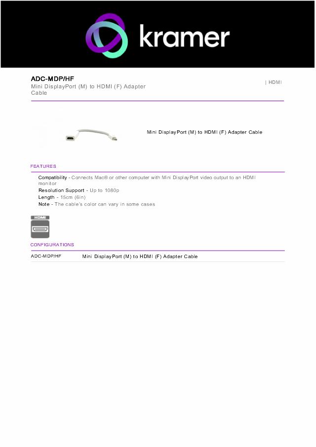 KRAMER Mini DisplayPort (M) to HDMI (F) Adapter Cable