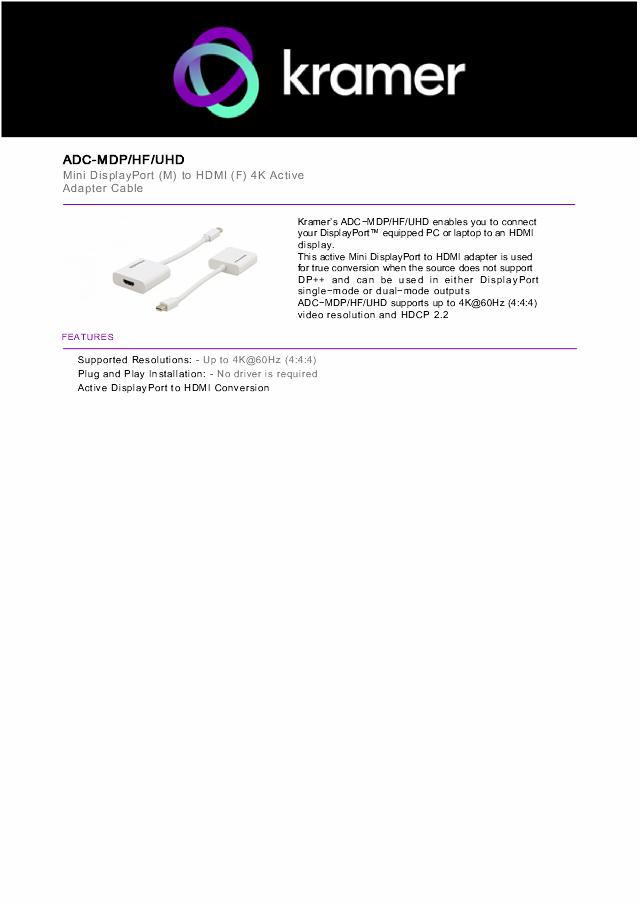 KRAMER Mini DisplayPort (M) to HDMI (F) 4K Active Adapter Cable