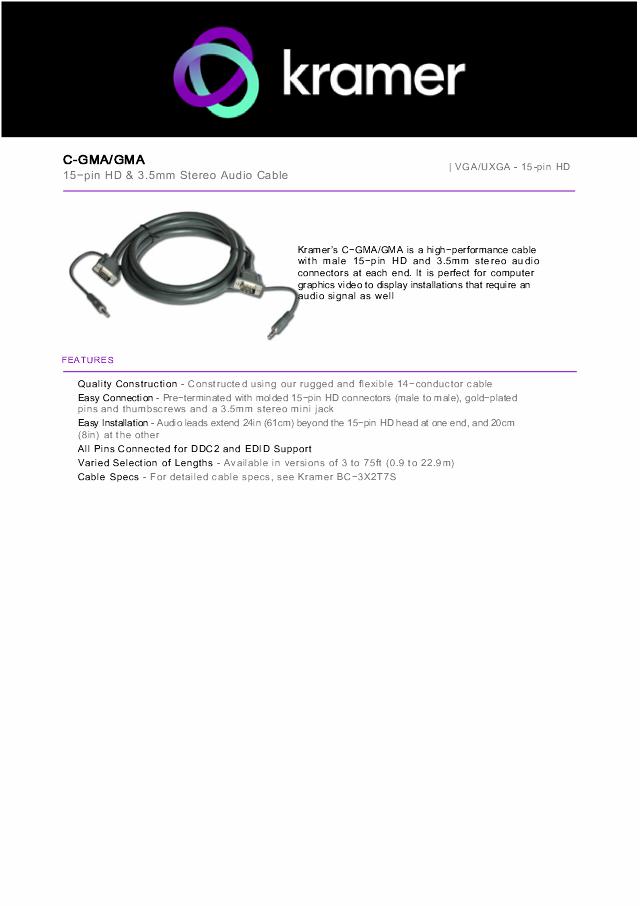 KRAMER 15,2m VGA/15pin HD & 3.5mm Stereo Audio (Male - Male) Cable
