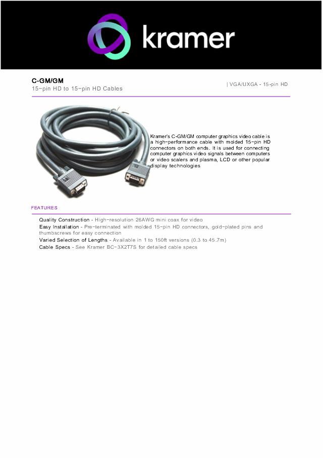 KRAMER 30,5m VGA/15-Pin HD (Male - Male) Cable