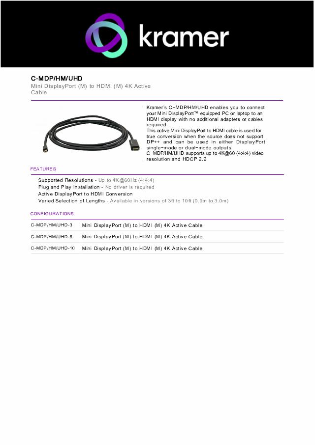 KRAMER Active 3m Mini DisplayPort to HDMI (Male - Male) Cable