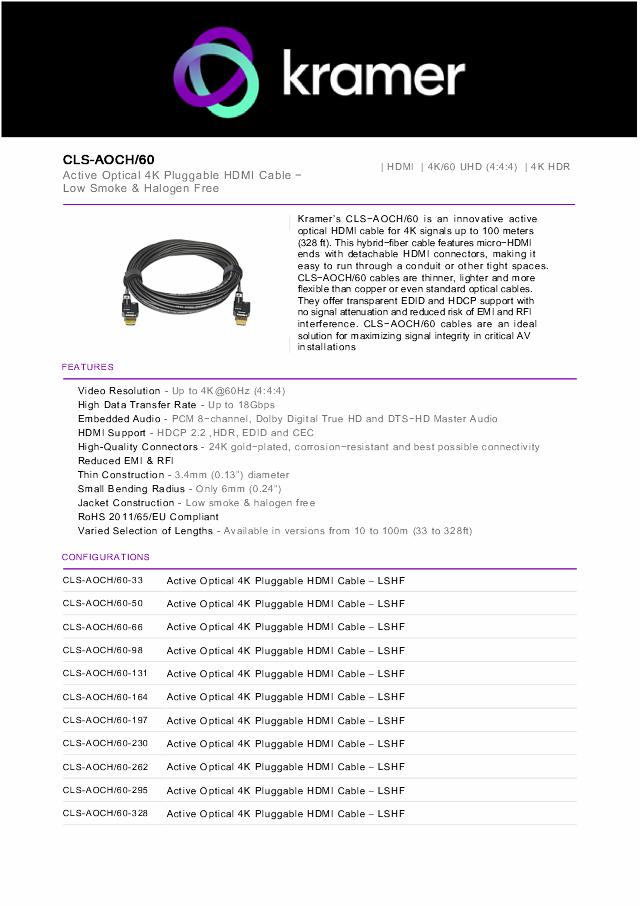 KRAMER 60m. Active Optical 4K Pluggable HDMI Cable - LSHF