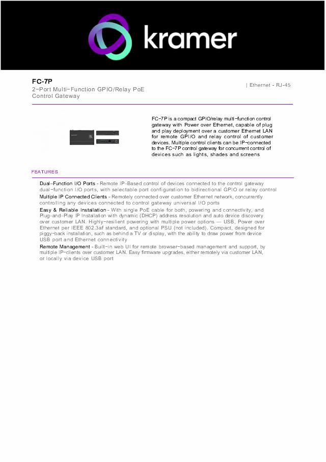 KRAMER 2 Port Multi–Function GPIO/Relay PoE Control Gateway