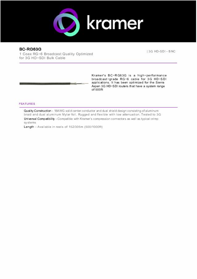 KRAMER Digital Coax,Solid Broadcast HDTV Serial Digital Cable, 305m