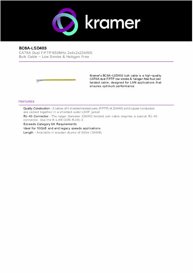 KRAMER KLAN DUAL CAT 6A F/FTP 650MHz LSZH Bulk Cable-Yellow, Drum