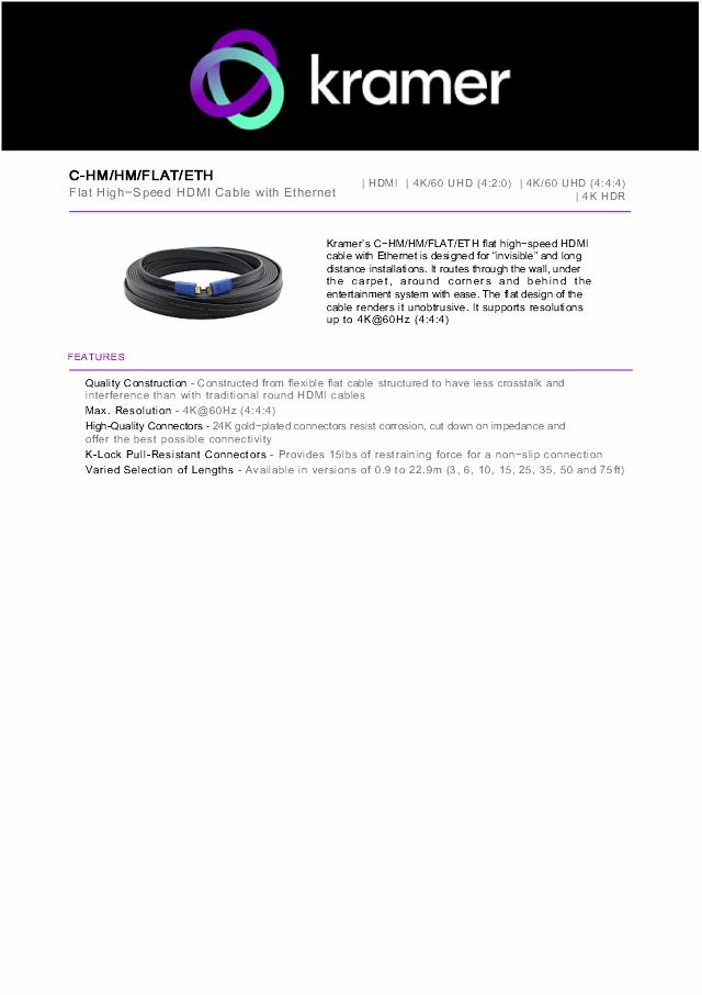 KRAMER FLAT HDMI (Male - Male) Cable with Ethernet (10')
