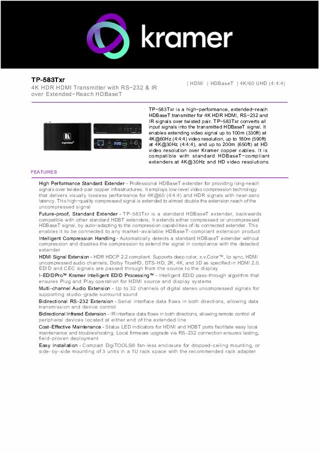 KRAMER 4K60 4:4:4 HDMI RS232/IR Extended−Reach HDBT Tx