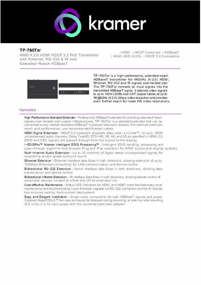 KRAMER HDMI POE RS−232 ETH& IR over HDBaseT Twisted Pair Transmiter