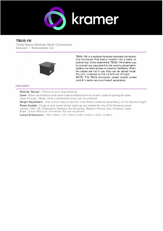 KRAMER TBUS Table Mount Modular Multi–Connection Solution — Retractable Lid