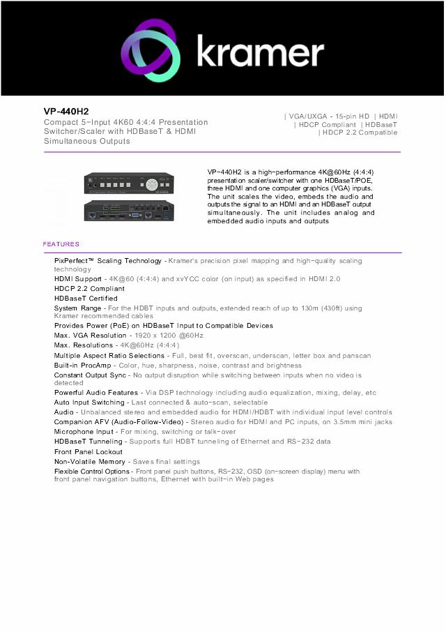 KRAMER Compact 5-Input 4K60 4:4:4 Presentation Switcher/Scaler with HDBaseT & HDMI