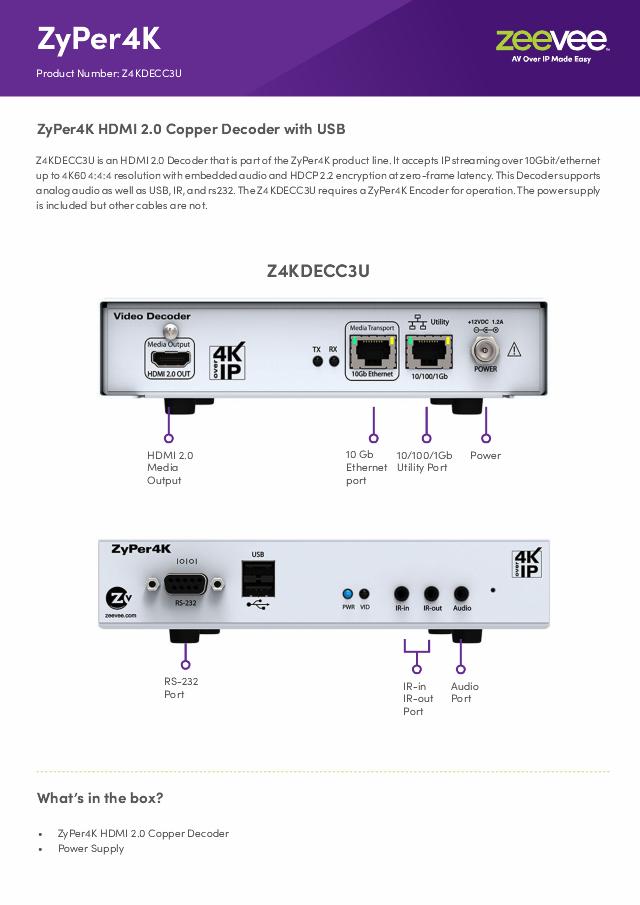 ZeeVee ZyPer4K HDMI 2.0 Copper Decoder with USB