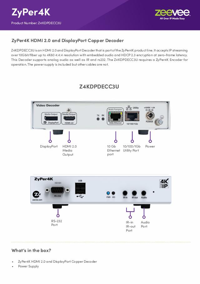 ZeeVee ZyPer4K HDMI 2.0 and DisplayPort Copper Decoder with USB