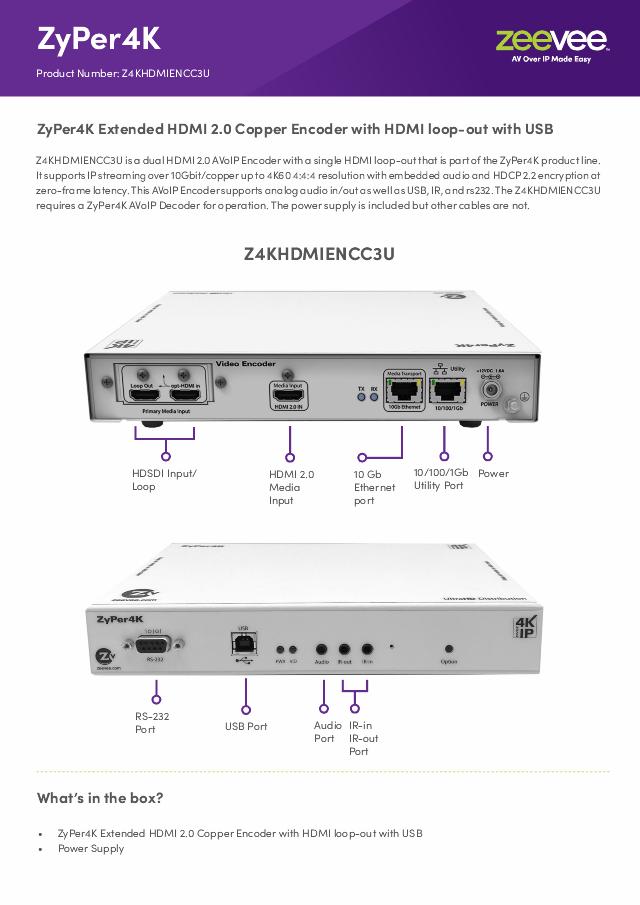ZeeVee ZyPer4K Extended HDMI 2.0 Copper Encoder with HDMI loop-out with USB