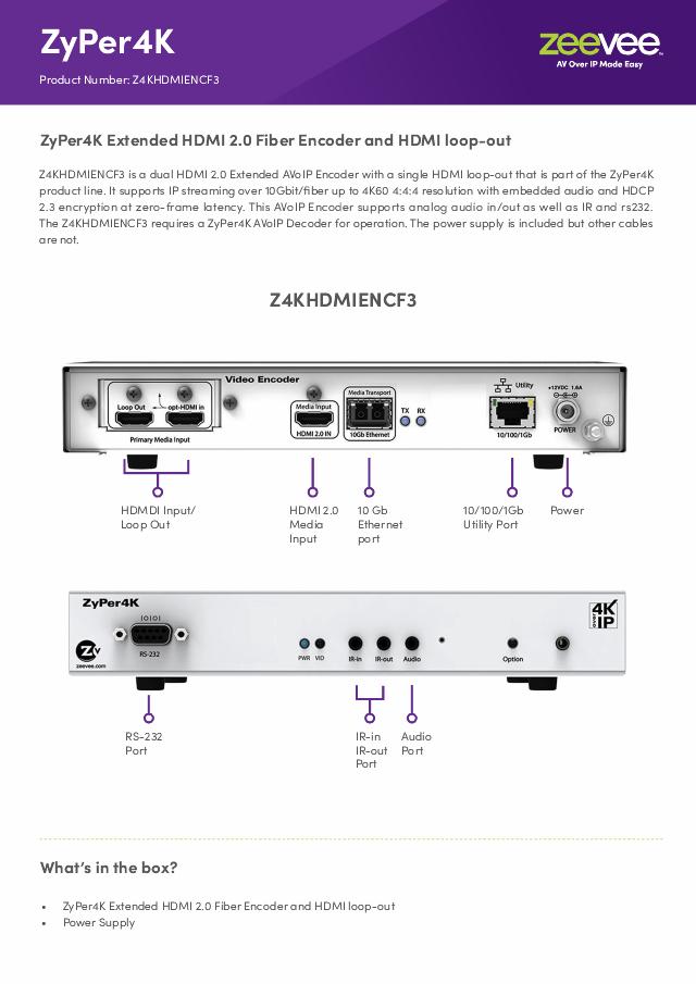 ZeeVee ZyPer4K Extended HDMI 2.0 Fiber Encoder and HDMI loop-out