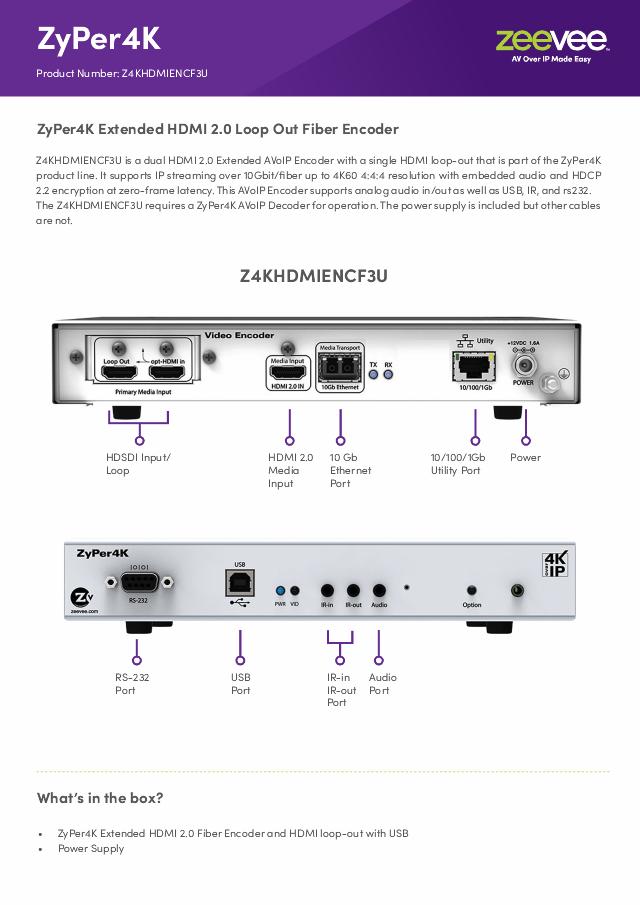 ZeeVee ZyPer4K Extended HDMI 2.0 Fiber Encoder and HDMI loop-out with USB