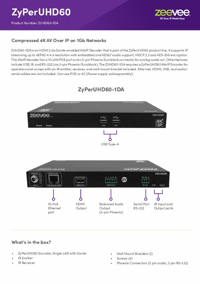 ZeeVee ZyPerUHD60 Decoder, Single LAN with Dante
