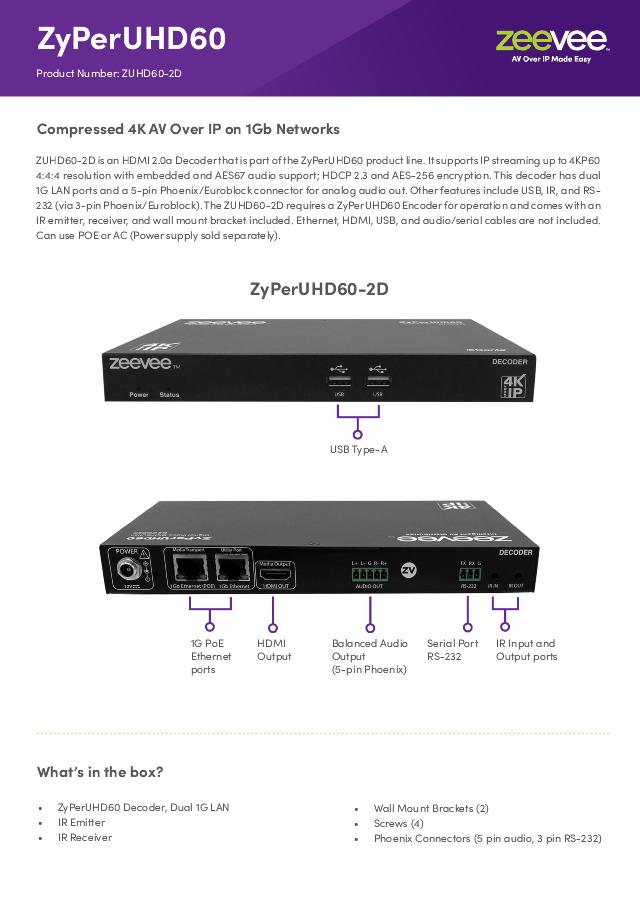 ZeeVee ZyPerUHD60 Decoder, Dual 1G LAN