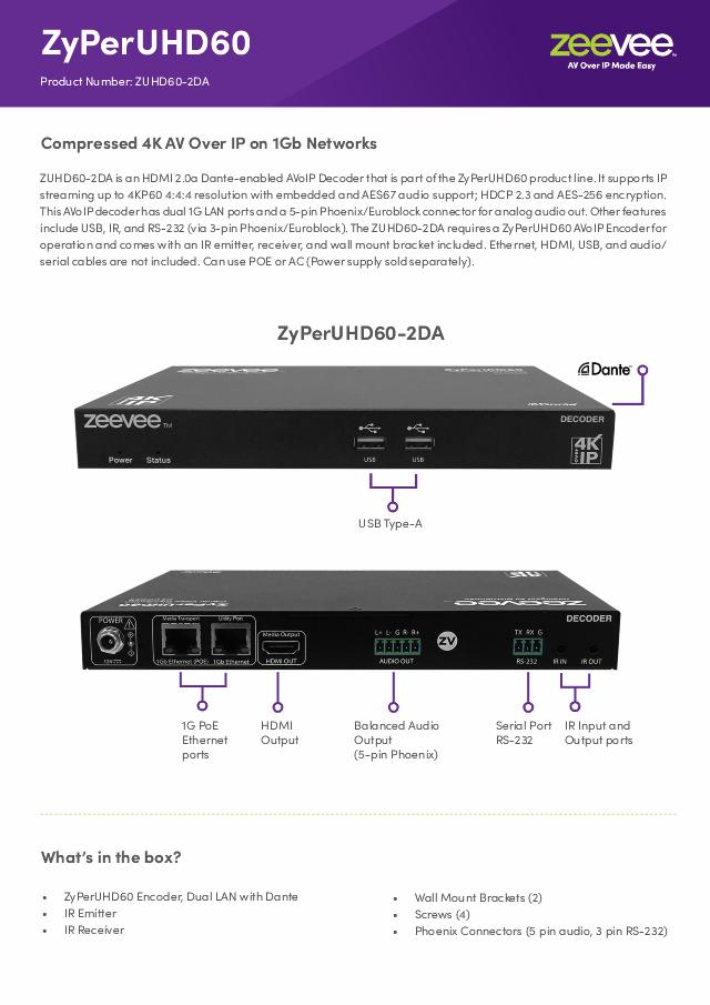 ZeeVee ZyPerUHD60 Decoder, Dual LAN with Dante 