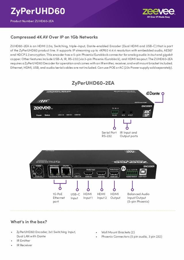 ZeeVee ZyPerUHD60 Encoder, 3x1 Switching Input, Dual LAN with Dante