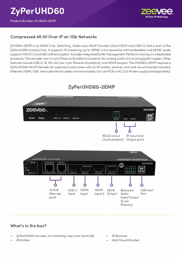 ZeeVee ZyPerUHD60 Encoder, 3x1 Switching Input, Dual LAN with Integrated Management