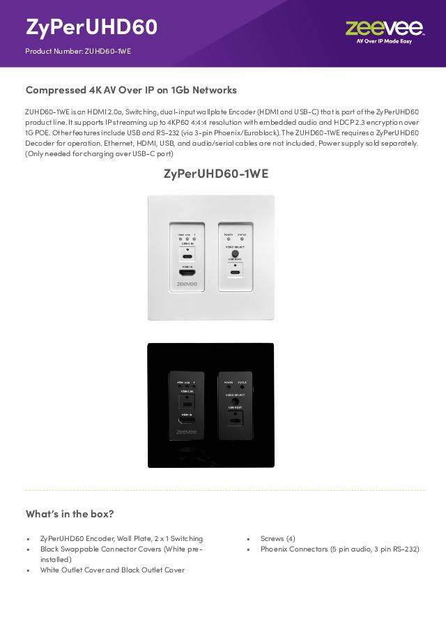 ZeeVee ZyPerUHD60 Encoder, Wall Plate, 2 x 1 Switching