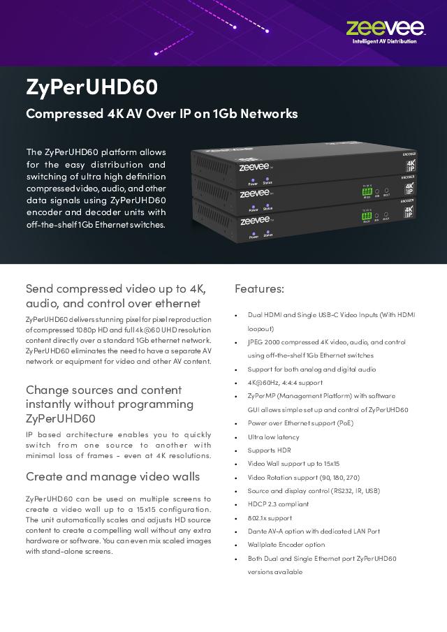 ZeeVee ZyPerUHD60 Encoder, Single LAN with HDMI Loopout