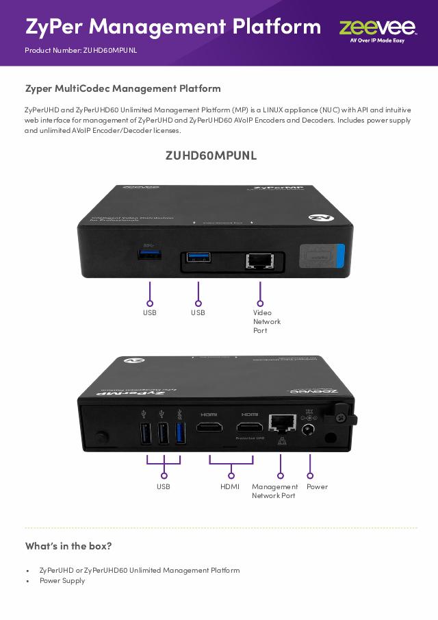 ZeeVee ZyPerUHD and ZyPerUHD60 Unlimited Management Platform (MP)