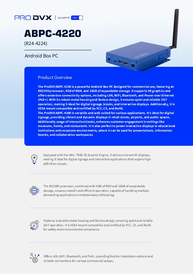 ProDVX 4K Media Player with HDMI out & In, PoE+ (R24-4222)