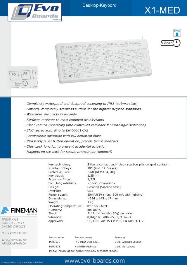 PROKEYS X1 medical keyboard w/clean remind, flat