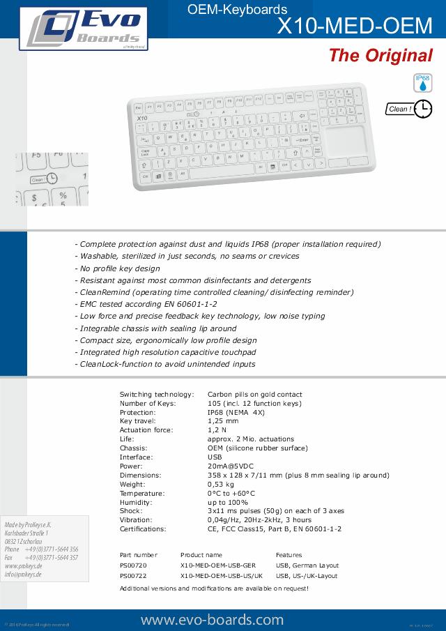 PROKEYS X10 medical keyboard, flat, w/touchpad w/magnet w/clean remind
