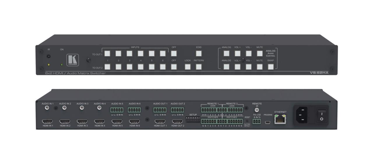 KRAMER 6x2 UHD HDMI matrix switcher with analog audio switching